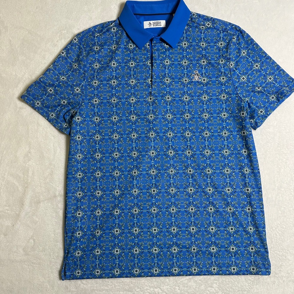 Original Penguin Martini Palm Tree Golf Polo Shirt Mens Medium Blue Performance